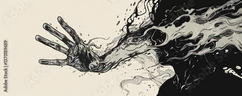 Abstract flowing hand and face in motion, black and white flat icons set, vector.