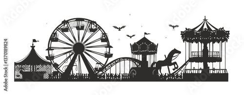 Amusement park silhouette with ferris wheel and carousel – flat icons set vector.