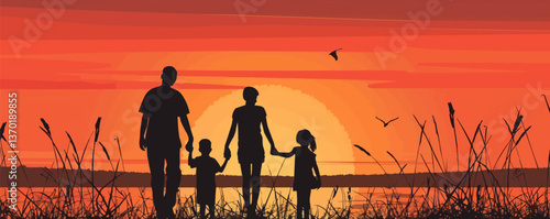 Silhouetted family at sunset by lake with birds, nature scene, vector, flat icons set.