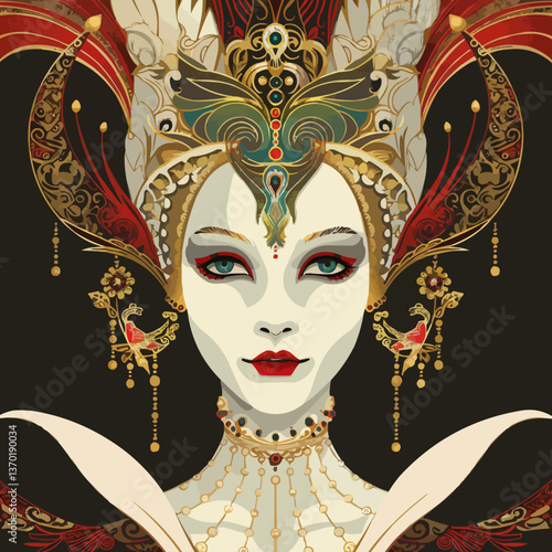 Ornate fantasy queen mask with elaborate details and intricate jewelry, flat icons set, vector.