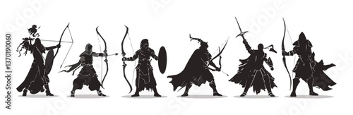Medieval warriors silhouette icons set - flat vector style.