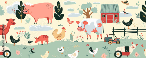 Farm animals and countryside scene with tractor in pastel palette – flat icons set, vector.