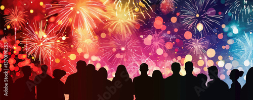 Colorful fireworks display with silhouetted crowd on new year's eve, vector, flat icons set.