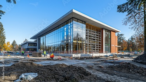 Modern glass-fronted building under construction, surrounded by earthworks and trees