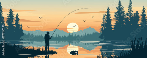 Fishing at sunset lake with silhouette, nature, and mountains - flat icons set vector.