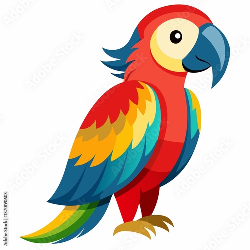 Illustration of a colorful parrot with red yellow and blue feathers on a white background