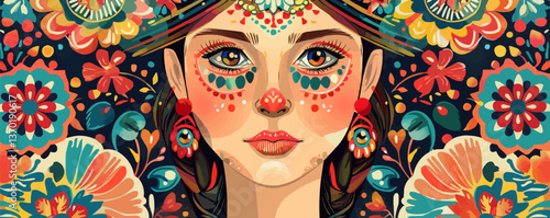 Vibrant folk art portrait with floral motifs in mexican style, flat icons set, vector.