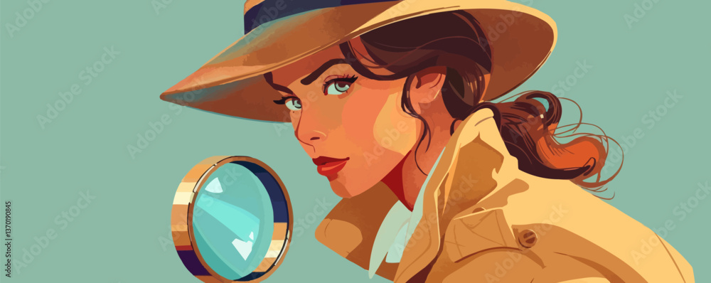 Detective woman looking through magnifying glass, flat icons set, vector.
