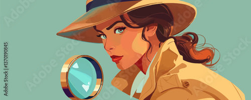 Obraz na płótnie Detective woman looking through magnifying glass, flat icons set, vector. w salonie
