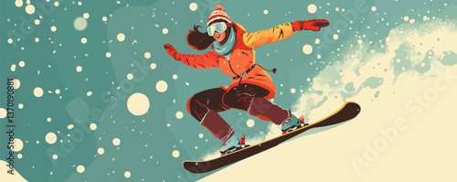 Snowboarder in action on snowy slopes with winter gear, vector, flat icons set.