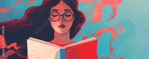 Woman reading book with flowing hair, glasses, and vibrant colors - flat icons set - vector.
