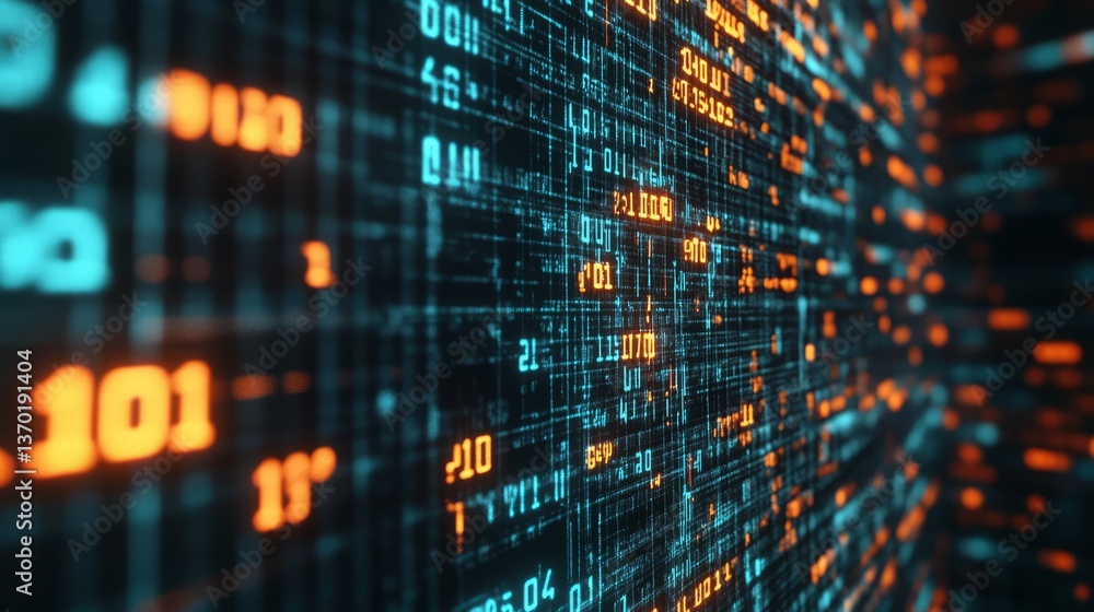Digital Data Stream: Abstract Binary Code Visualization in Teal and Orange, Tech Illustration. Digital Data Stream: Abstract Binary Code Visualization in Teal and Orange, Tech Illustration.