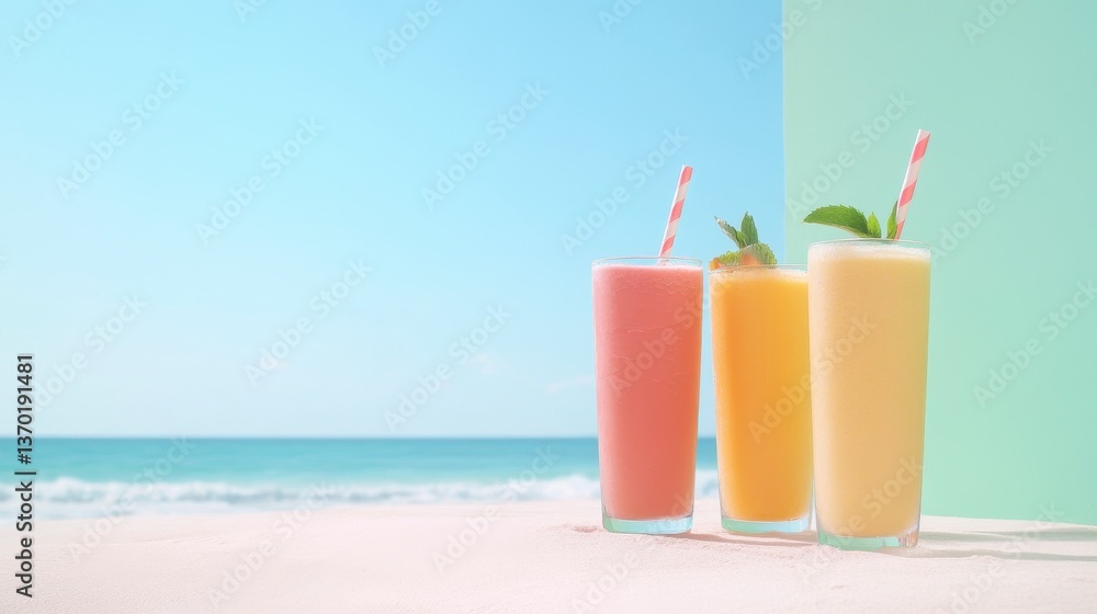 Obraz premium Tropical Delight: A colorful array of refreshing smoothies with vibrant straws, set against a breathtaking beach backdrop, offering a taste of paradise. 