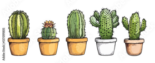 Cactus plant icons set in pots – flat vector style.