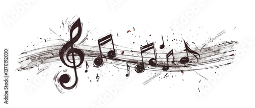 Musical notes and treble clef on staff, scribble style, vector, linear, icons set.