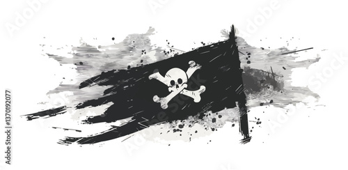 Pirate flag with skull and crossbones on grunge brush stroke background, vector, flat style icons set.