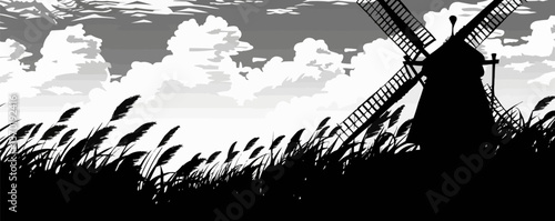 Windmill silhouette in stormy sky with reeds, flat icons set, vector.