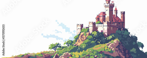 Medieval castle on hill in scenic landscape, flat icons set, vector.