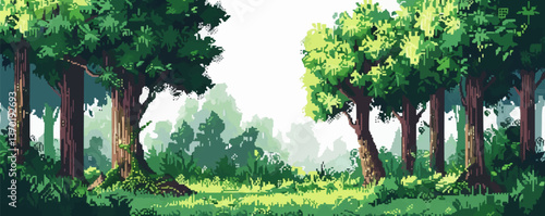Lush green forest landscape with trees and sunlight, nature vector, flat icons set.