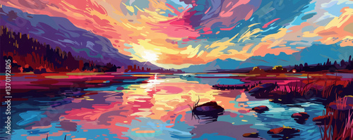 Vibrant sunset over serene lake with majestic mountains in background, landscape set, flat style.