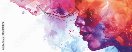 Colorful abstract female portrait with brush strokes, flat, icons set.