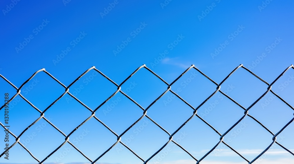 A close-up view of a chain-link fence against a clear blue sky, emphasizing the geometric patterns and textures of the fence.