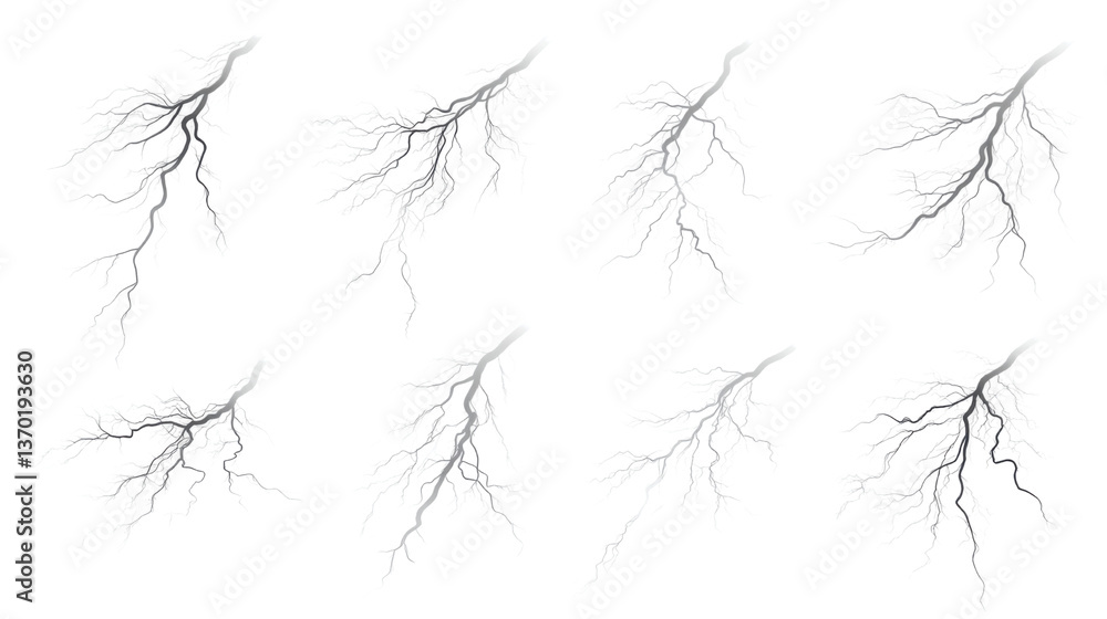 Fototapeta premium Sequence of Powerful Lightning Bolts Striking Isolated on White Background Electric Storm Energy, Thunderbolt Flash, and Natural Phenomenon