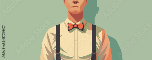 Retro fashion icon set with man in bow tie and suspenders in flat style - vector.
