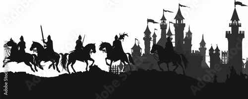 Medieval knights silhouette with castle scene, flat icons set, vector.