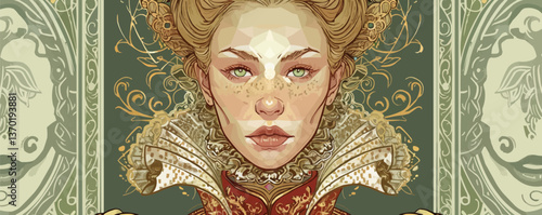 Ornate female portrait with elaborate hairstyle and regal attire, flat icons set, vector.