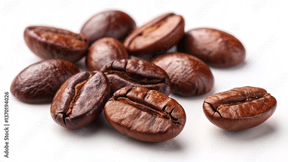 Close-up of roasted coffee beans isolated on white background Close-up of roasted coffee beans isolated on white background