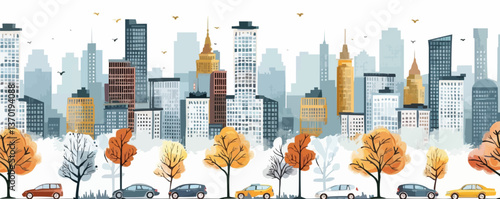 Urban cityscape with cars and trees in autumn colors, flat icons set, vector.