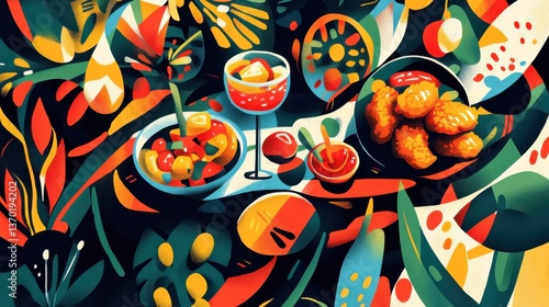 Wallpaper Mural Colorful Abstract Still Life of Tropical Fruits and Snacks with Vibrant Background Filling the Scene with Energy and Joy, Ideal for Culinary and Art Projects Torontodigital.ca
