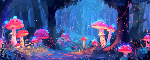 Enchanted forest with glowing mushrooms and mystical atmosphere, flat icons set, vector.