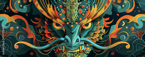 Intricate oriental dragon face with decorative patterns, flat icons set, vector.