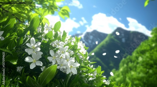Serene Mountain View with Blossoming White Flowers Springtime Nature Scene