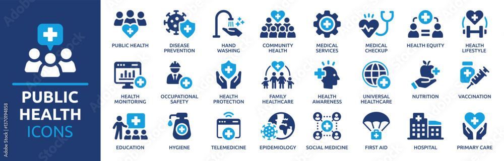Fototapeta premium Public health icon set. Containing community health, disease prevention, health protection, medical services, health awareness, hygiene, handwashing and more. Solid vector icons collection.
