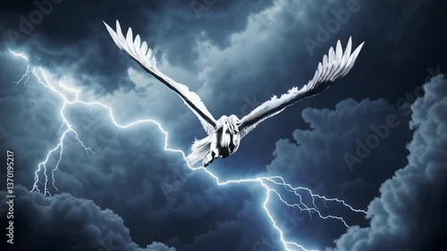 Majestic pegasus flying through dark storm clouds with flashes of lightning and glowing wings, cinematic and powerful fantasy sky scene, no people, perfect for storytelling backgrounds