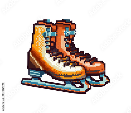 Colorful ice skates pixel art, retro style, flat icons set.