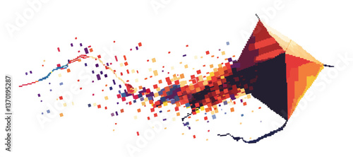 Colorful geometric kite with pixelated tail in motion, abstract art vector, flat icons set.
