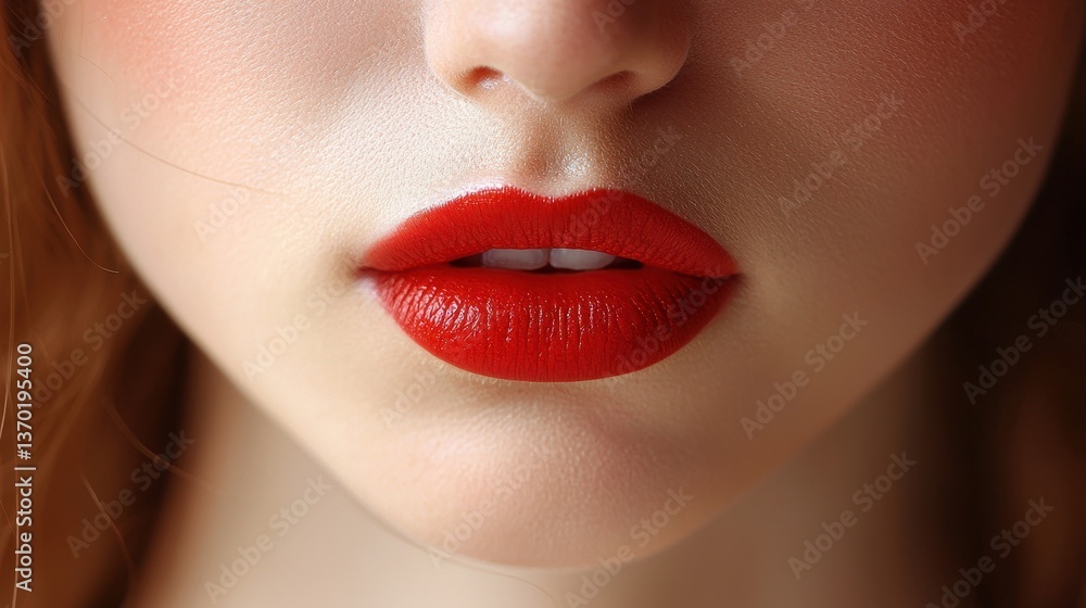 Close-Up View of a Beautiful Face with Bold Red Lips and Smooth Skin