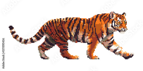Walking tiger pixel art in flat style, icons set - vector.