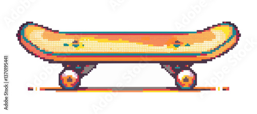 Retro skateboard art with geometric patterns, bold colors, pixel style, flat icons set, vector.