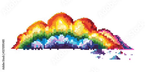 Colorful pixelated cloud with rainbow arc, flat icons set, vector.