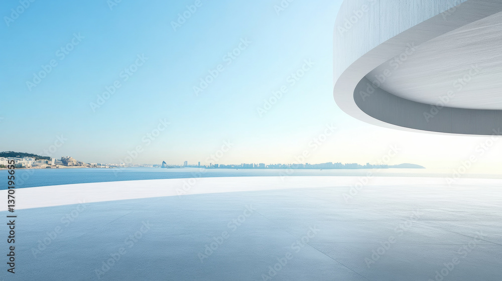 Fototapeta premium Modern architectural structure with a view of the cityscape and ocean