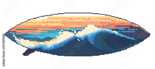 Surfboard with ocean and sunset artwork, pixelated, flat style, icons set, vector.