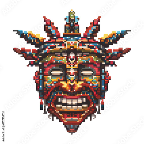 Pixel art tribal mask with vibrant colors, geometric patterns, and abstract design - vector, flat icons set.