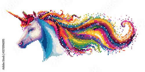 Colorful pixel art unicorn with rainbow mane, flat vector icons set.