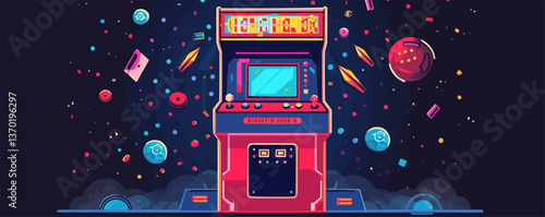 Retro arcade machine surrounded by cosmic elements, gaming and space icons set, flat style, vector.