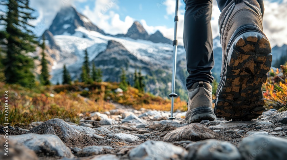 Hiking boots on rocky trail, majestic mountain backdrop Hiking boots on rocky trail, majestic mountain backdrop
